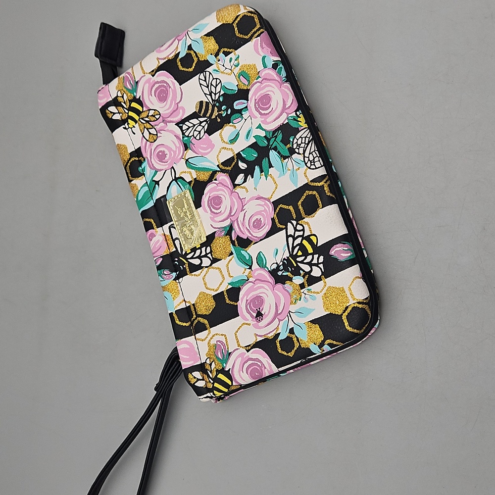 Luv Betsey Johnson DBL Pouch Wristlet  Floral Bees Ladybugs BLK White Multi